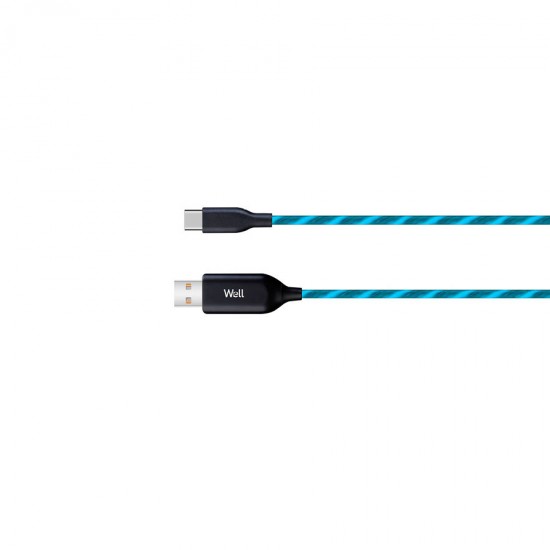 Καλώδιο 3A USB 2.0 σε Type-C Φόρτισης - Data 1m  Μπλε Φωτιζόμενο Well USB/USBC-1BE03-WL