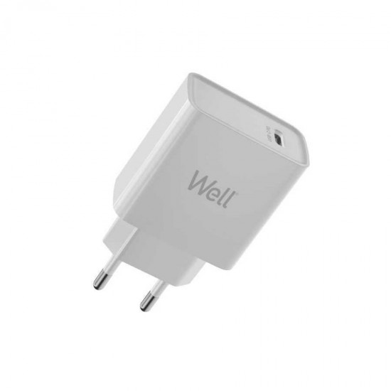 Universal USB-C FastTravel Wall Charger 5VDC/3A (20W) Λευκό Well PSUP-USB-WPD20WE-WL