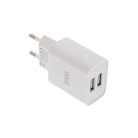 Universal 2xUSB FastTravel Wall Charger 5VDC/2.4A (12W) Λευκό Well PSUP-USB-W22401WE-WL