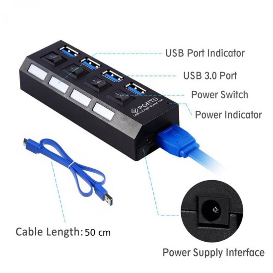 USB 3.0 HUB 4-Port Hi-Speed w/Switches & Blue LED Desing KO282