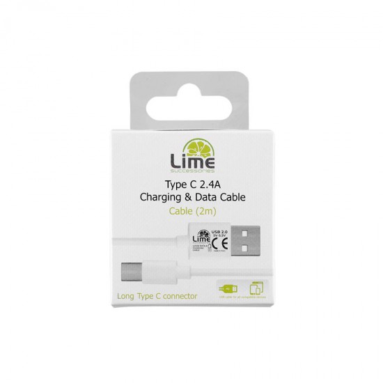 Καλώδιο Type C Long σε USB 2.4A Φόρτισης - Data 1m Λευκό LUC01 Lime