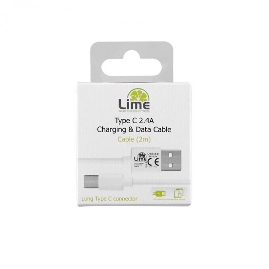 Καλώδιο Type C Long σε USB 2.4A Φόρτισης - Data 2m Λευκό LUC02 Lime