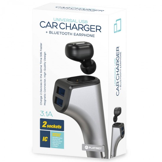 Universal 2 in 1 Car Charger 2xUSB 3.1A με Bluetooth earphone Platinet PLCRBT2