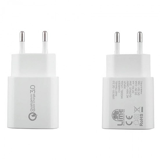 Universal USB 3.0 Fast Travel Wall Charger QC 3.0 4000mA 5V-9V-12V Λευκό Lime LTU24