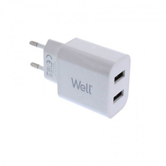 Universal 2xUSB FastTravel Wall Charger 5VDC/2A Λευκό Well PSUP-USB-W22003WE-WL