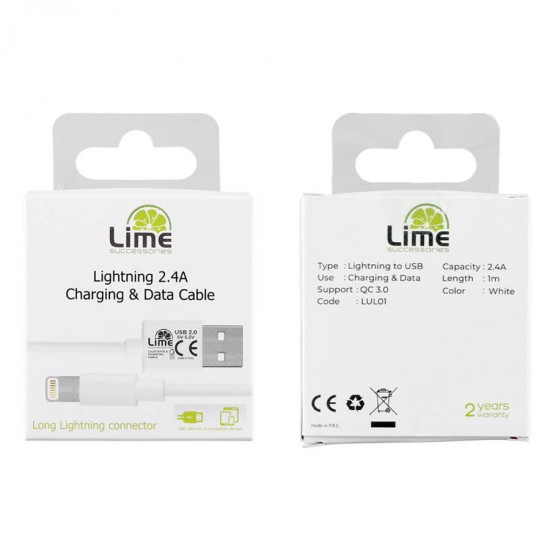 Καλώδιο Lightning Long USB 2.4A Φόρτισης - Data 1m Λευκό LULO1 Lime