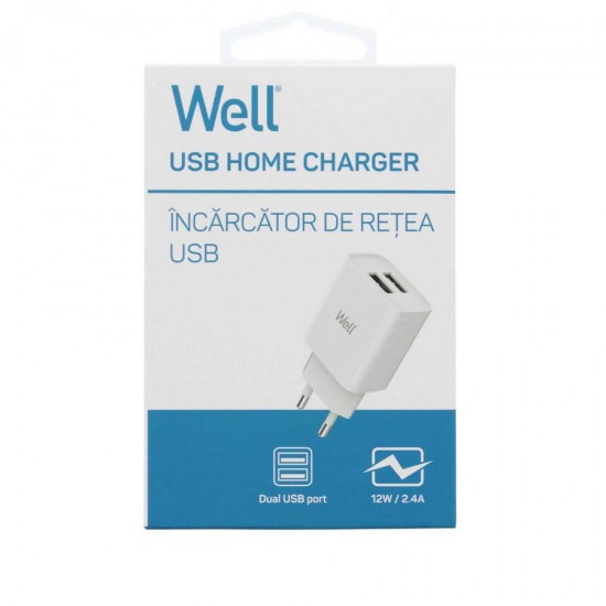 Universal 2xUSB FastTravel Wall Charger 5VDC/2.4A (12W) Λευκό Well PSUP-USB-W22401WE-WL