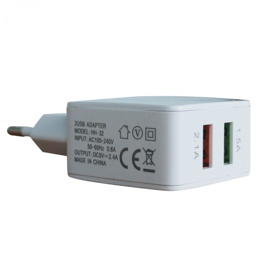 Universal 2xUSB High Quality Wall Charger 5VDC/2.4A Λευκό SDS-1933