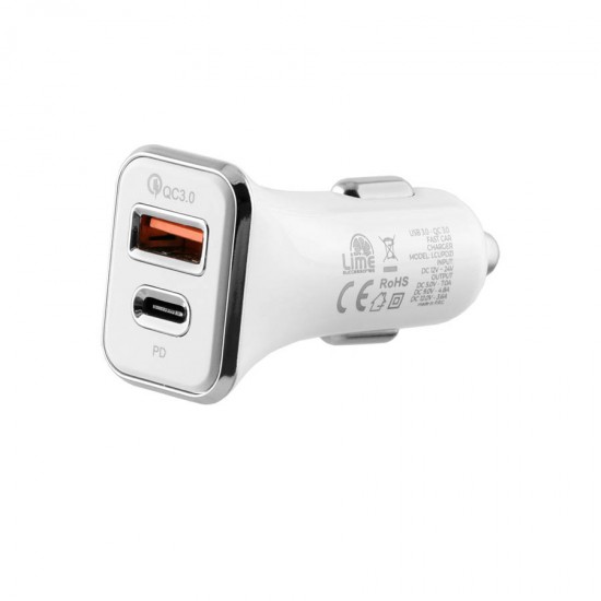 Universal DUAL USB 3.0/Type C Fast Car Charger QC 3.0 40W 5V-7A/9V-4.8A/12V-3.6A Λευκό LCUPD21 Lime